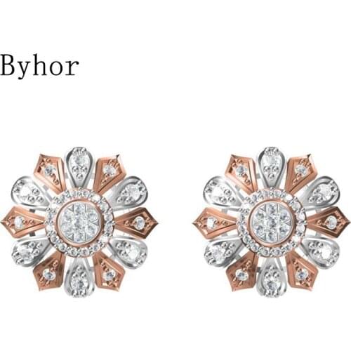 Byhor Solid 14K White/Yellow+White/Rose+White Gold 0.902ct H/SI Natural Diamonds Flower Stud Earrings Women Cерьги Fine Jewelry