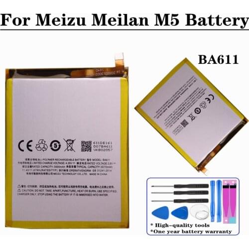 For Meizu Meilan M5 M611H M611 Battery BA611 3070mAh High Capacity Mobile Phone Replacement Batteries + Tools