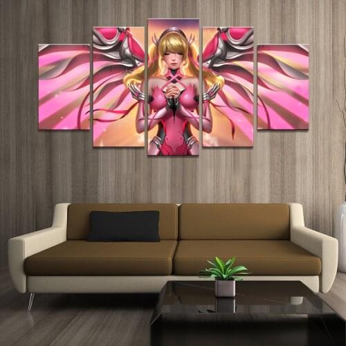 Home Decor Poster HD Pictures Prints Canvas 5 Piece Modular Pink Mercy Overwatch Game Living Room Decorative Painting Framed