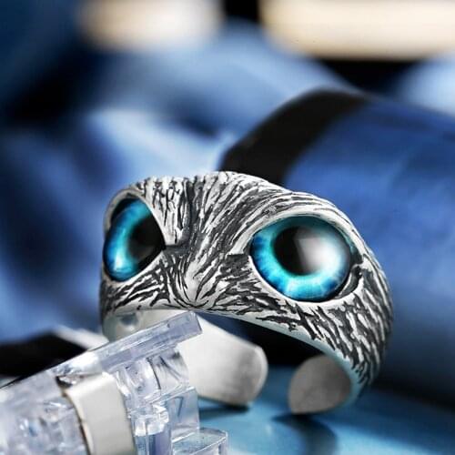 Gothic Cute Owl Womens Finger Ring Blue Opal Eyes Punk Retro Animal Men Adjustable Ring Jewelry Personality Party Jewelry