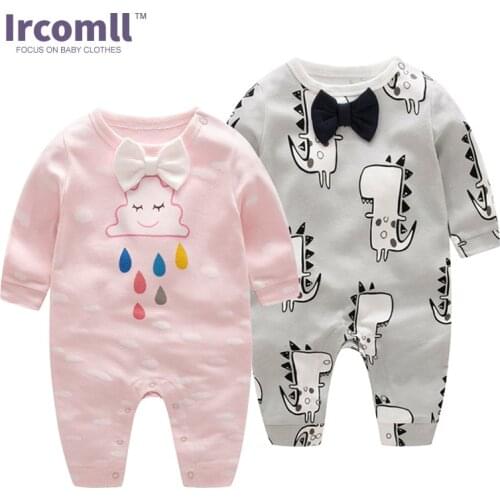 Ircomll New Cotton Newborn Clothes Long-sleeved Cute Print Animal Tie Bow Newborn Infant Baby Rompers Baby Bod ysuit KidCoverall
