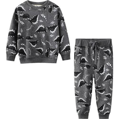 Jumping Meters Winter Autumn Boys Girls Dinosaurs Print Cotton Clothing Sets Fashion Sweatshirts + Sweatpants 2 PCS Outfits