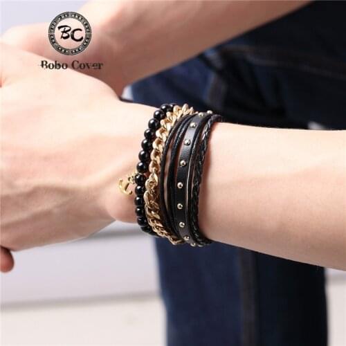 1 Set 3PCS Leather Gold Anchor Beaded Bracelet Women Stainless Steel Link Chain Charm Mens Couple Bracelets Dropshipping homme