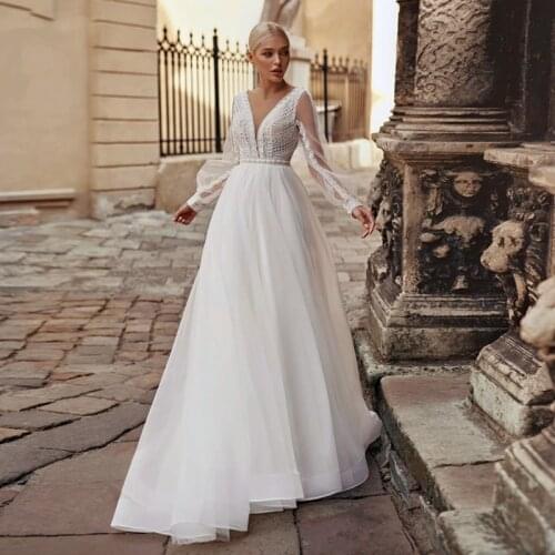 Elegant Wedding Dress Bohemian Bride 2021 A-Line V-Neck Long Lantern Sleeve Chiffon Boho Backless Bride Gown Vestidos De Noiva