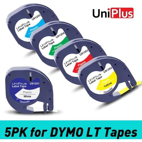 UniPlus 5PK 91201 91202 91203 91204 91205 Compatible DYMO LT Label Tapes 12mm Mix Color Set for Letratag Label Maker LT-100H XR