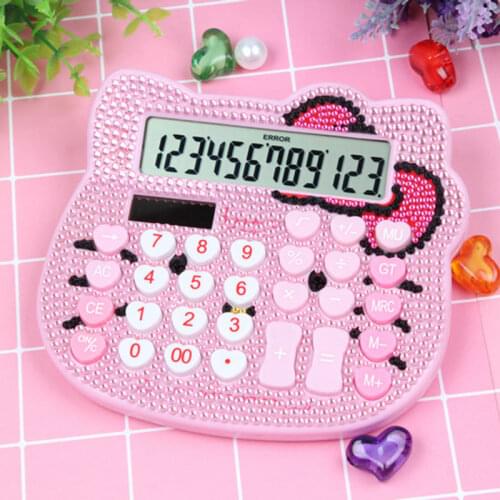 Cartoon Cute Calculator Solar Dual Power Calculator Heart-shaped Button Diamond 12-digit Display Office Calculator for Learning