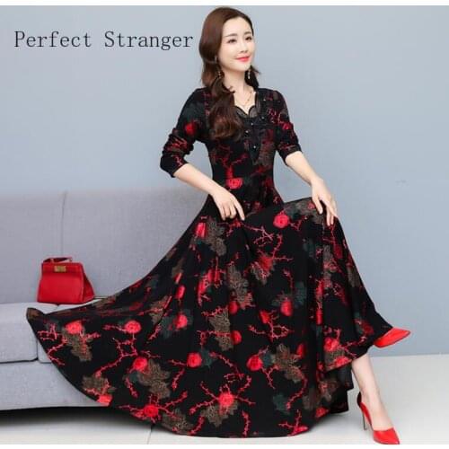 2020 Autumn Winter New Arrival V Collar Lace Thicken Printed Long Sleeve Flower Printed Women Long Dress Plus Size M-4XL