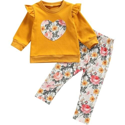 2021 Toddler Baby Girl Autumn 2Pcs Clothing Set Long Sleeve Off Shoulder Heart Printed Top Long Floral Pants 0-4Years