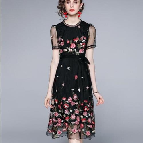 ZAWFL New Women Embroidery Dress Sweet Mesh Short Sleeve O Neck Slim Dresses Summer Fashion Streetwear Dress 2021