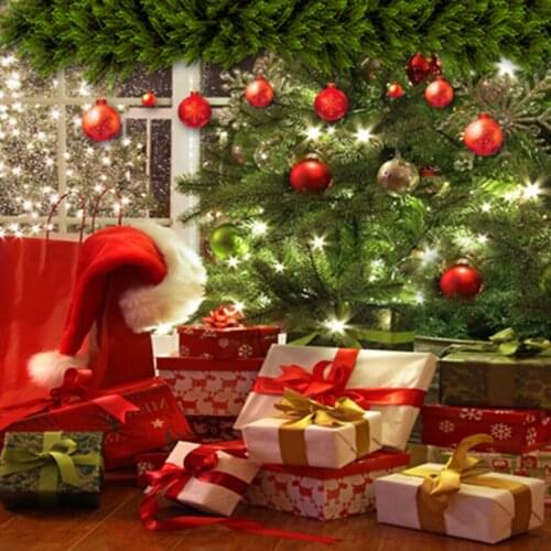 Christmas Backdrops Photography Surprise Gifts Xmas Red Hat Green Pine Branch Red Bell Wood Floor Background for Photo Stdio