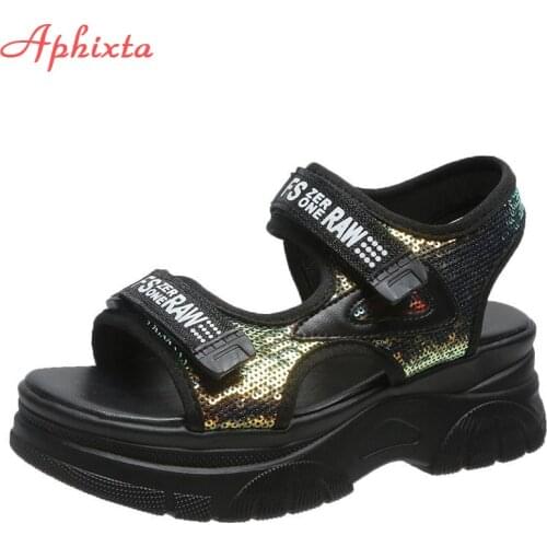 Aphixta 2021 New Bling Platform Sandals Women Fashion Sequined 6cm Wedge Heels Shoes Canvas Zapatos Mujer Slippers Female Slides