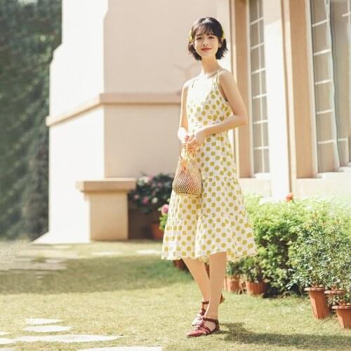 INMAN Summer Literary Retro Wave Point Bowknot Sleeveless Tiered Dress