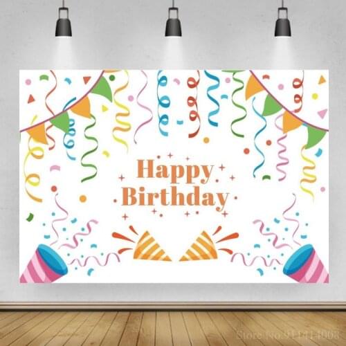Happy Birthday Party Celebration Cheers Photo Background Colorful Ribbons Banner Paper Horn Cake Table Decor Backdrop