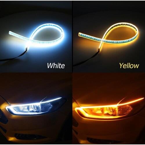 2pcs LED DRL Car Daytime Running Light Flexible Waterproof Strip Auto Headlights White Yellow Streamer Turn Signal Light