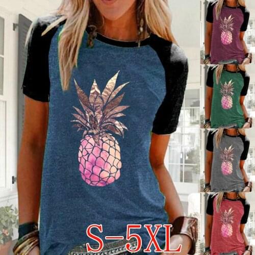 New Fashion Women Summer Pineapple Printed Loose Round Neck Short Sleeve Casual Graphic Shirts & Tops Color Block Blouse
