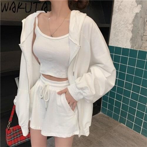 WAKUTA 2021 Summer New Suits Female Loose Casual Base Camis+ Drawstring Shorts + Hooded Hoodies Coat Women Solid 3 Piece Outfit