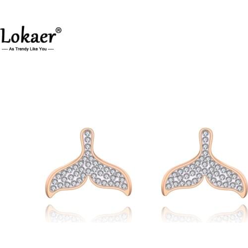Lokaer Office Style Stainless Steel Rhinestone Fish Tail Earrings Jewelry Trendy Animal Stud Earrings For Women Kolczyki E19224