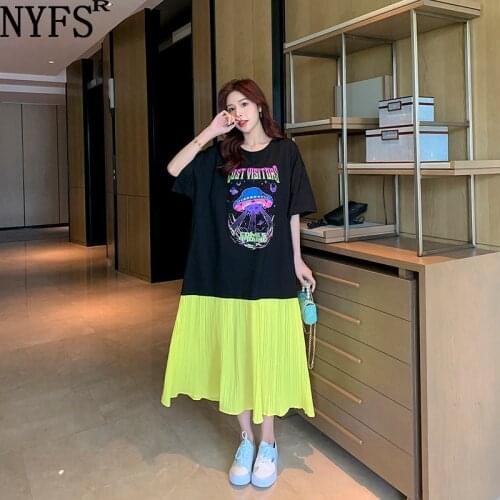 NYFS 2021 Korean New Loose Patchwork Chiffon Hem Woman Dress Vestidos Robe Elbise Fashion Cartoon print Summer Dress