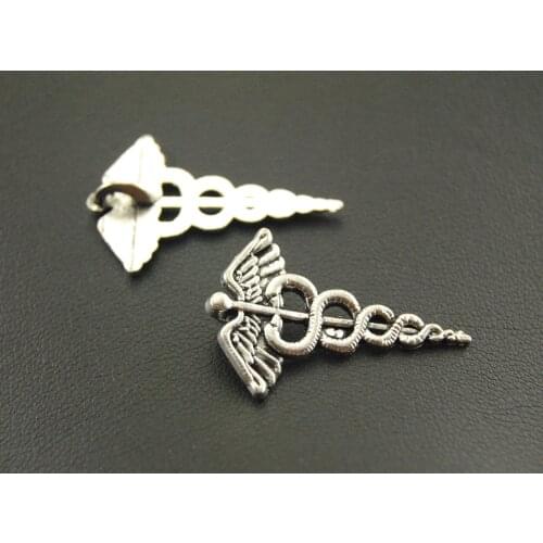 10pcs Silver Color Caduceus Medical Symbol Mercurial Staff With Winged Snakes Charms Bracelet Necklace Jewelry Making A1053