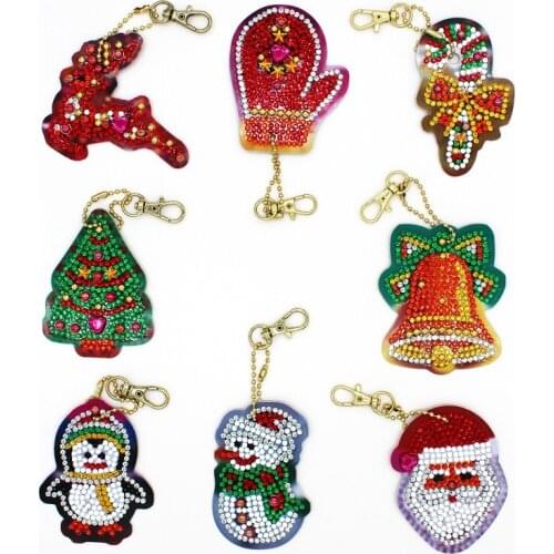 8Pcs DIY Christmas Diamond Keychain Snowman Tree Santa Man Sock Penguin Diamond Painting Craft Rhinestone Embroidery Gift
