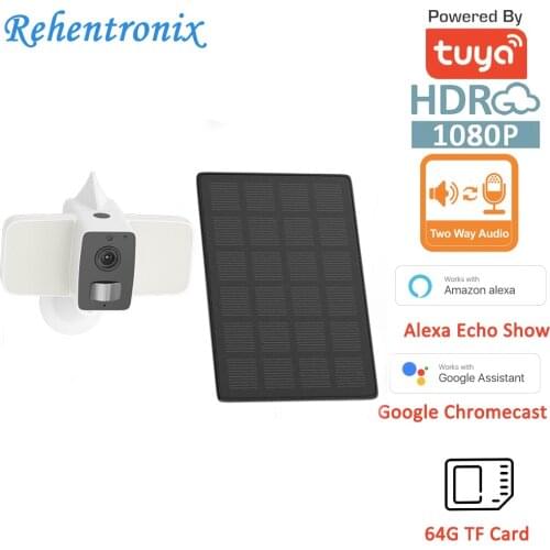 Alexa Google 10000mAh Rechargeable Battery Solar Tuya WIFI 1080P IP Floodight Camera with 140LM Spotlight Color Night Vision