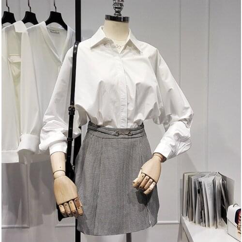 Womens Spring Summer Runway Fashion Vintage White Cotton Shirt Female Casual Loose Office Lady Basic Blouse Tees Tops TB1692