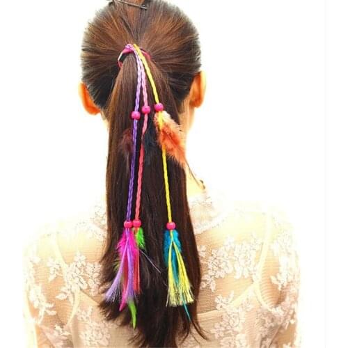 Bohemia Bead Feather Hair Tassel Hair Rope Wig Braider Head Piece Headdress Ornaments For Women Girl Rubber Band Accessories