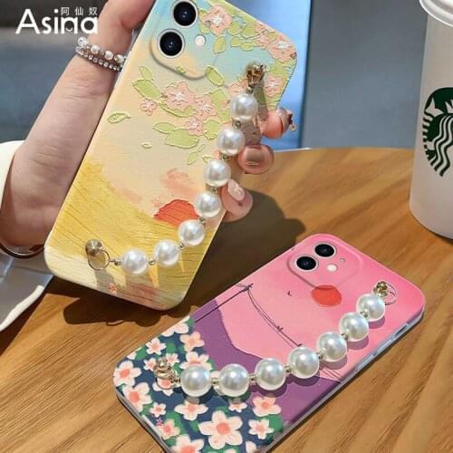 ASINA Imitation Lambskin Case For iPhone 12 Pro Max/11 Silicone Edge Fashion Cover with Pearl Chain For iPhone Xr Anti-drop 7/8P