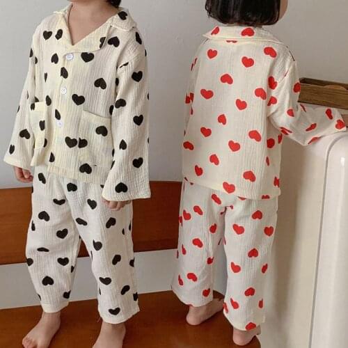 Korean Style Childrens Pajamas Set For Boys and Girls Spring Autumn Cotton Love Long-sleeve Cute Baby Suit Home Wear