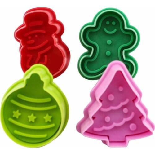 DIY 4pcs Christmas Tree Snowman Plastic Baking Mold Kitchen Biscuit Cookie Cutter Pastry Plunger Fondant Cake Decorating Tools