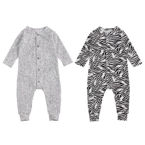 Toddler Boys Girls One-Piece Romper Long Sleeve O-Neck Dot/Zebra Pattern Print Front Single Breasted Jumpsuit