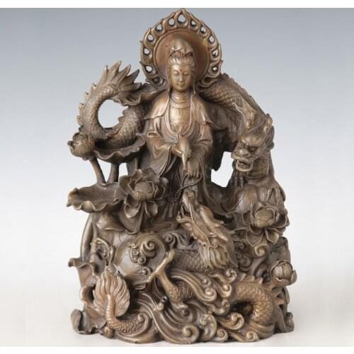 Bronze Guanyin with Double Dragon Bodhisattva Figure The Goddess Of Mercy Religious figure Buddha
