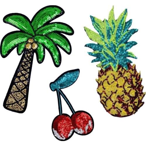 Coconut tree Cherry Pineapple Fruits Iron On Patches Clothing Embroidered Sew on Applique Patch Stripe Badges For Clothes Bag