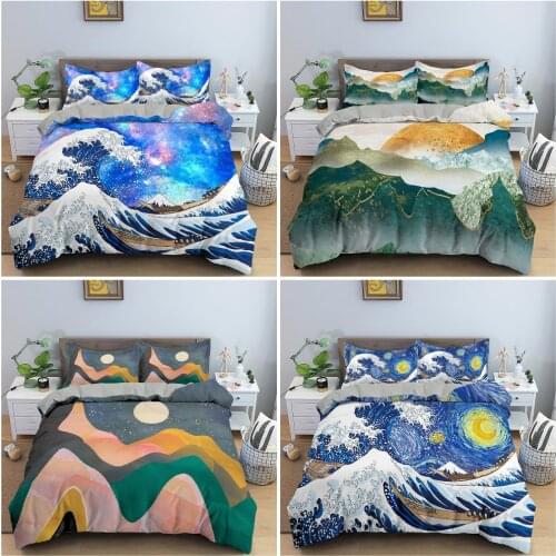 3D Landscape Duvet Cover Set Wave Red Sun Bedding Set Comforter Cover Double Full King Queen Size Japanese Art Bedclothes