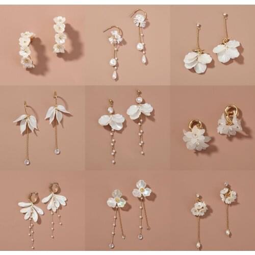The Pure White Pearls and Shells Flower Ballet Girl Feather Look Goddess`Long Dangle Earrings Golden Jewelry