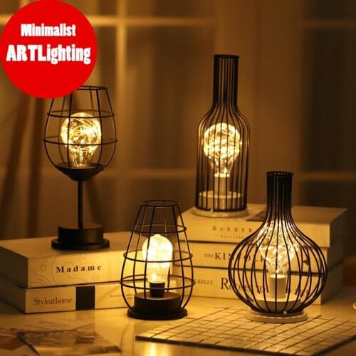 Creative Wrought iron night light Lantern Red Wine Bottle LED Lamp Drinking Glass Battery Light for Cafe Hotel Balcony