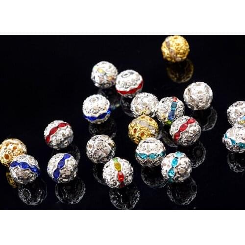 20pcs 6/8/10mm gold silver Metal Ball plated crystal rhinestone round spacer beads for craft Bracelet Necklace Jewellery making