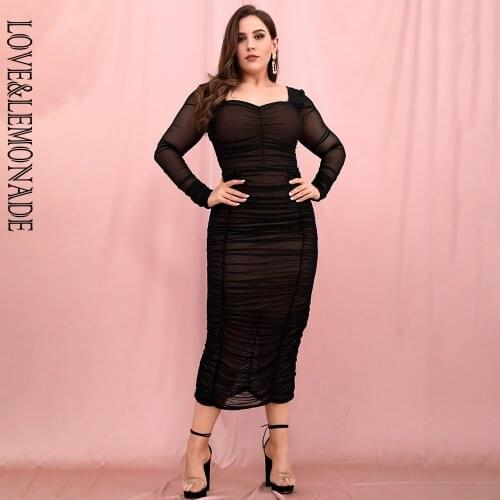LOVE&LEMONADE PLUS SIZE Sexy Tube Top Black Elastic Mesh Bodycon Long Sleeve Midi Dress LM81941-1PLUS