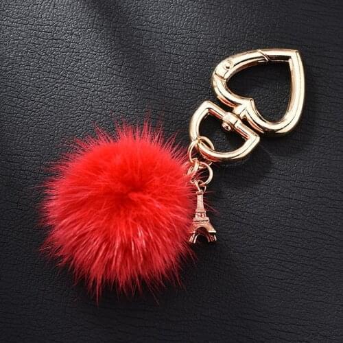 Fur Ball Eiffel Tower Diy Metal Keychain Heart Car Keyrings Jewelry Heart Fur Pompom Bag Accessories Gift For Women
