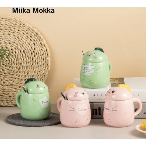 Cute Mr Dinosaur Coffee Mug Cartoon Ceramic Mug with Spoon and Lid Porcelain Juice Drinking Cup Coffee Cup Milk Tea Cup