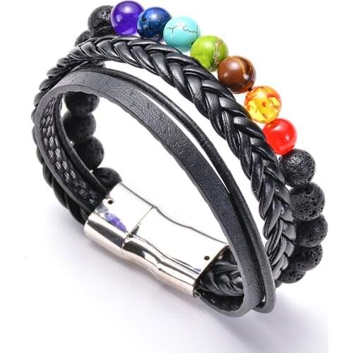 ASHMITA 2019 Seven Chakra Black Leather Bracelet Man Bracelets Young Fashion Gift For Men Beautiful Beads