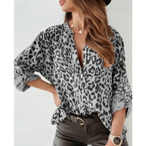 Casual Adjust Button Long Sleeve Female Blouse New Spring Sexy V Neck Leopard Shirt Blusa 2021 Elegant Women Loose Pullover Tops