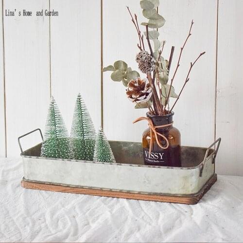 Metal sheet sides handmade rectangle farmhouse wood serving trays with handles