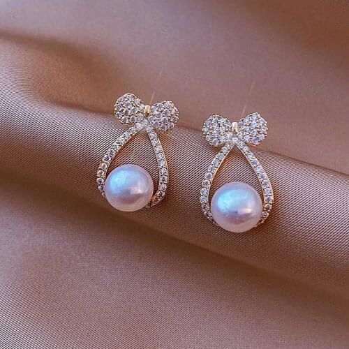 1 Pair Hoop Stud Of New Opal Bow Imitation Pearl Hanging Earrings 2021 Trend Piercing For Women Earrings Gift