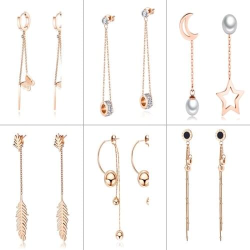 Europe America Style Fashion Stainless Steel Earrings For Women 2021 Rose Gold Long Tassel Set Zircon Ear Stud Eardrop Jewelry