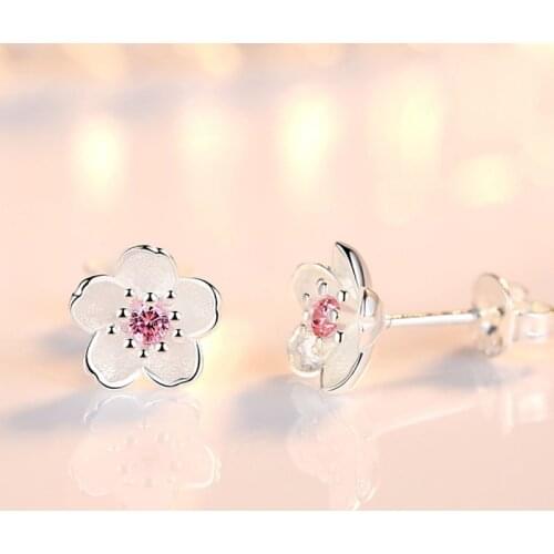 Cherry Flower Blossoms Flower Crystal Stud Earrings Silver Color Ear Studs Womens Fine Jewelry Mothers day Birthday Gift