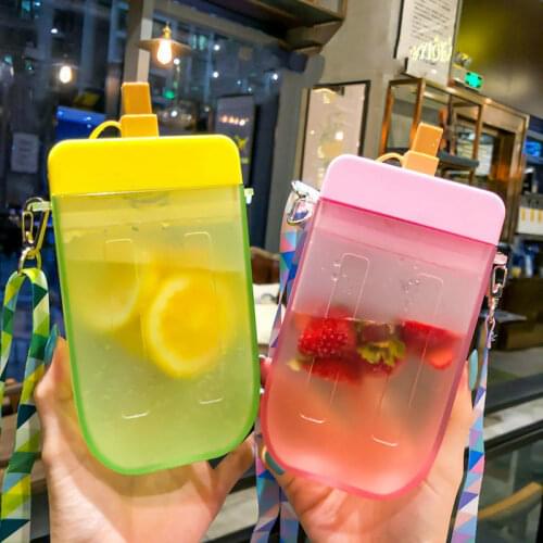 Cute Straw Cup With Rope New Plastic Popsicle Water Bottle Outdoor Transparent Juice Drinking Cup Suitable For Adult Children