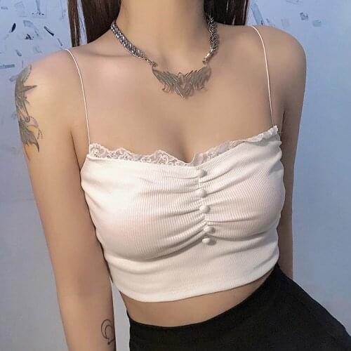 Missnight Sexy White Crop Tops Sling Lace Button Womens Tops Ruched Sweet Camis Spaghetti Strap Tank Top Streetwear 2021