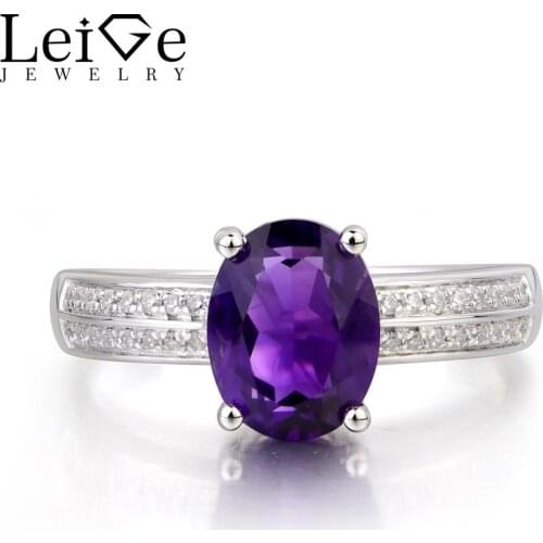 Leige Jewelry Natural Amethyst Ring Anniversary Ring February Birthstone Oval Cut Gemstone Purple Gems 925 Sterling Silver Ring