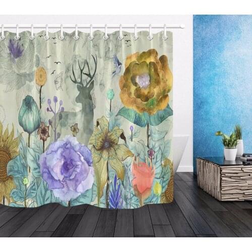 Watercolor Deer Elk Flower Shower Curtain Butterfly And Bird Bathroom Waterproof Washable Polyester Fabric for Art Bathtub Decor